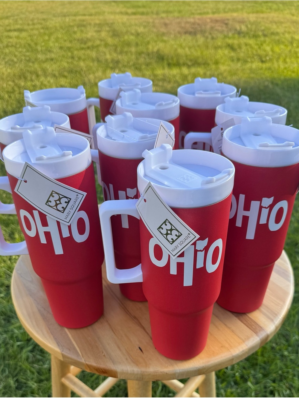 Mary Square Ohio Red Travel Mug with White Lid and Handle